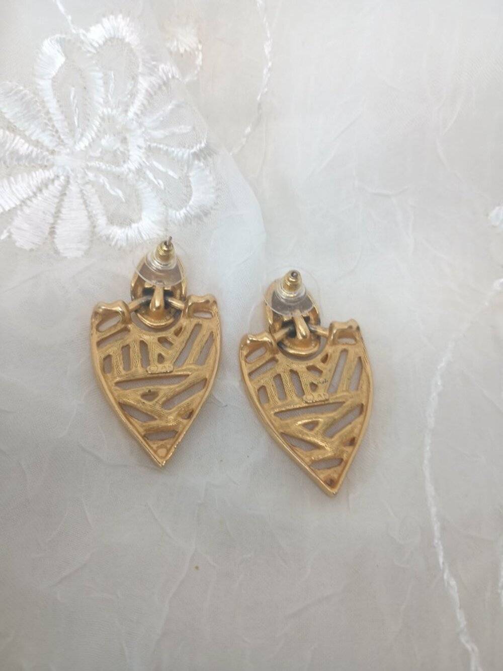 Vintage ANNE KLEIN Geometric Gold Tone Dangle Earrings ~Post Back - Picture 3 of 5
